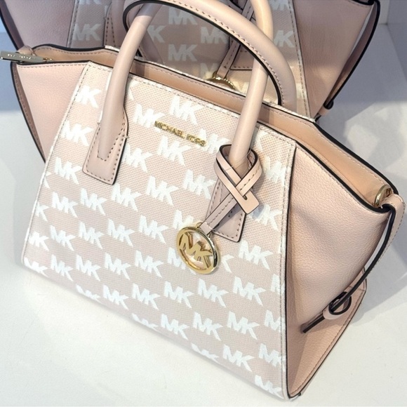 Michael Kors Avril Small Signature Logo Jacquard Satchel Bag Powder Blush - Picture 6 of 10